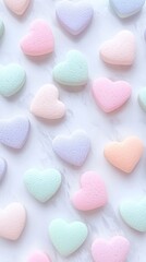 Obraz premium A close-up of pastel candy hearts scattered randomly on a smooth white surface, emphasizing their textures and messages