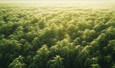 Aerial view of a vast field of wild hemp swaying in the wind, growth from above, landscape