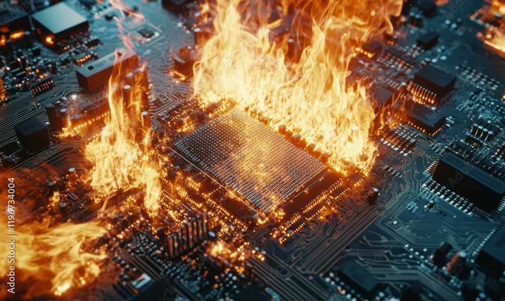 Aufkleber aerial view of circuit board with digital flames engulfing components, symbolizing network under att