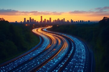 City highway at sunset with digital data stream.
