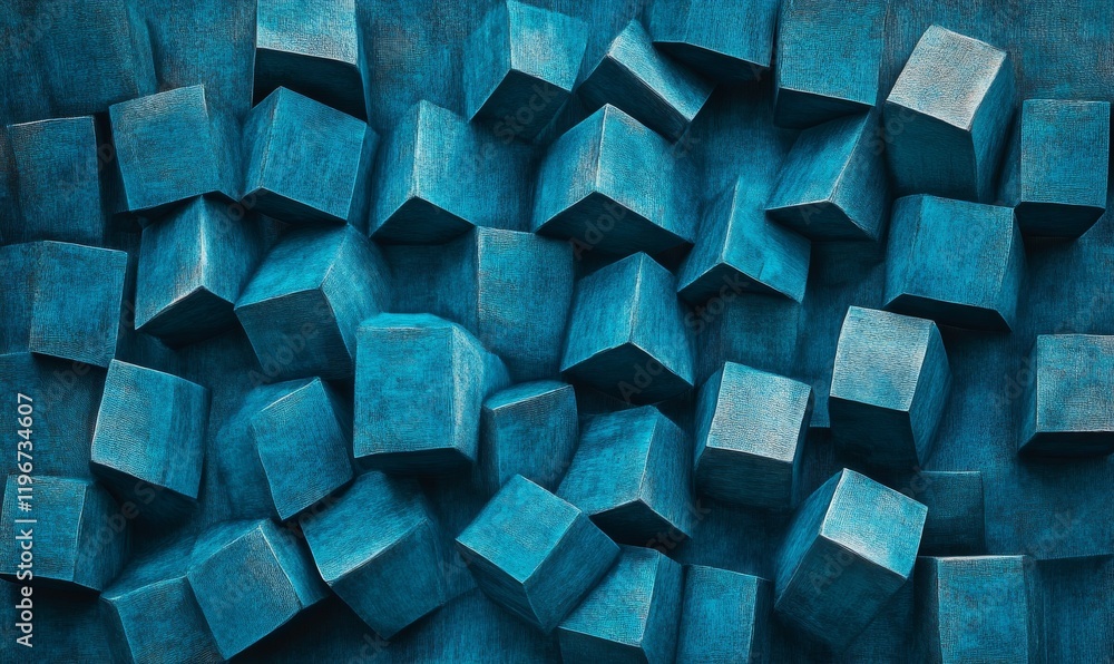 Poster an abstract 3d rendering with a blue geometric background composed of cubes.