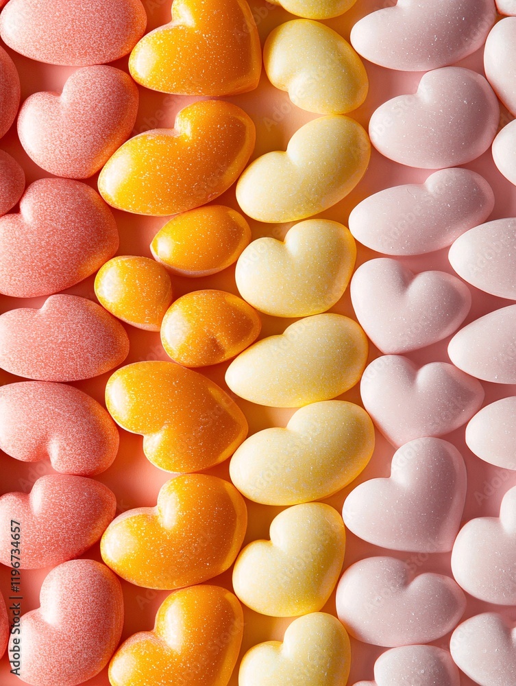 Poster a soft-focus image of candy hearts in a gradient arrangement, transitioning from dark pink to light 