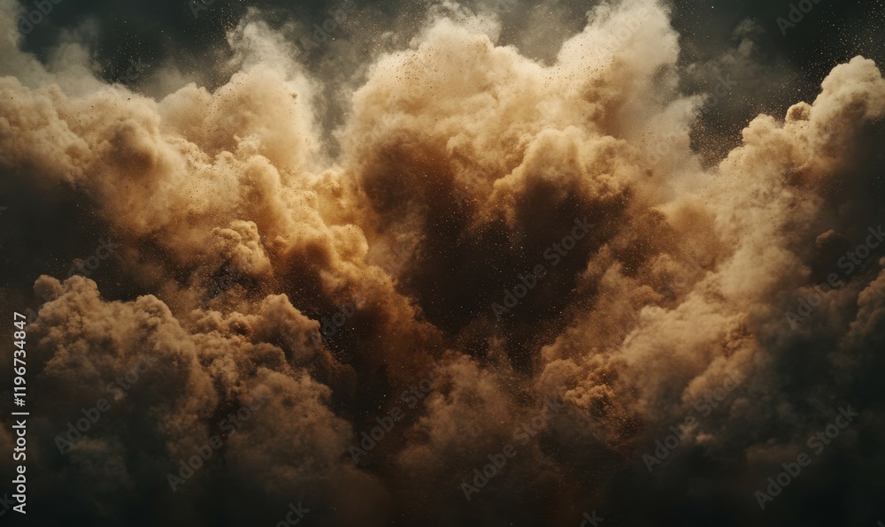 Poster an energetic eruption of brown dust particles generates an abstract cloud in front of a dark backgro