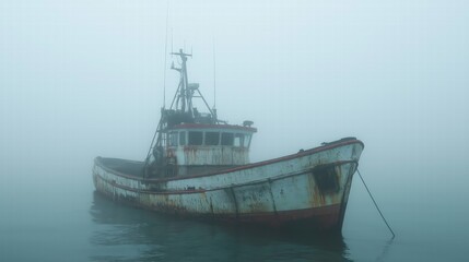 Obraz premium Mysterious Foggy Fishing Boat
