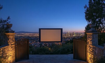 Aesthetic metal gate with slatted shutters and natural stone pillars on An open-air movie screen set up on a hillside with a city skyline as backdrop, twilight, city view