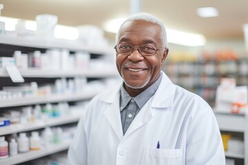 Fototapeta premium Portrait of an experienced pharmacist smiling in a drugstore with shelves full of medicine