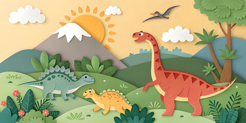 Cartoon dinosaurs and animals in a fun forest scene