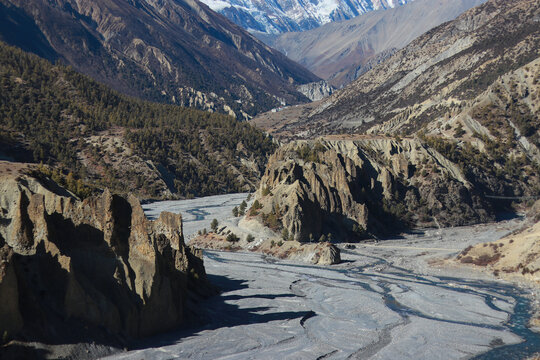 Beautiful Landscape of Manang, Nepal. Khangsar Village seen far from the trail