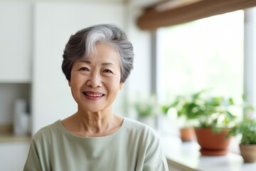 Happy senior woman smiling in kitchen with plants in background