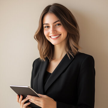 Professional photo of an attractive young woman, , in her late thirties, smiling and holding a tablet computer against a light beige background.