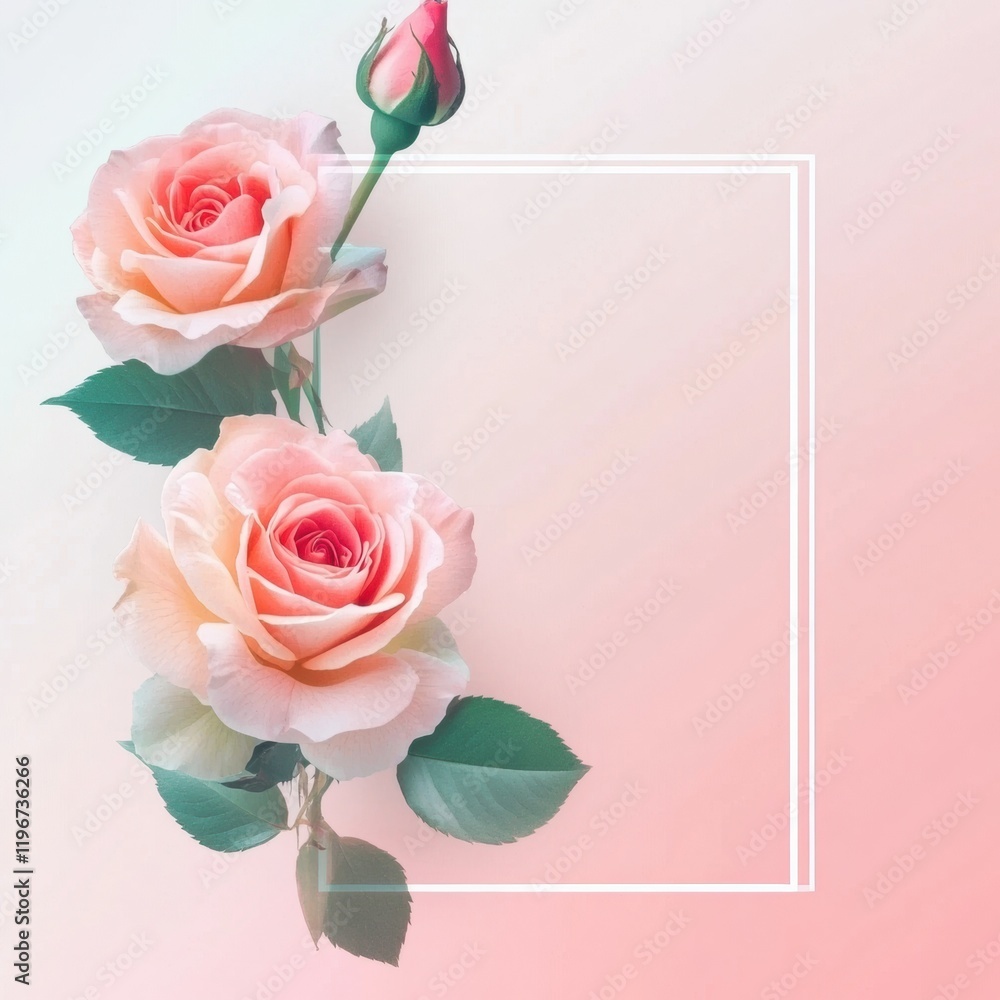 Poster beautiful pink roses with a blank frame for text on a soft pastel background. generative ai