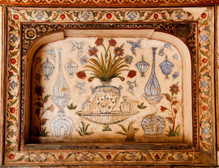 Detail of decoration and on the wall of Itmad-Ud-Daulah's tomb, Agra, Uttar Pradesh, India.