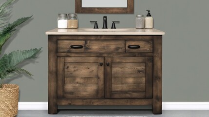 Rustic brown wooden bathroom vanity with beige countertop.