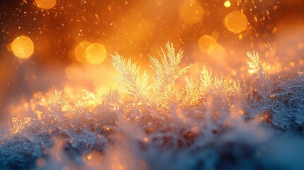 Glowing Snowflakes in a Magical Winter Wonderland: An Ethereal Scene of Shimmering Ice Crystals Under a Warm, Orange Sky