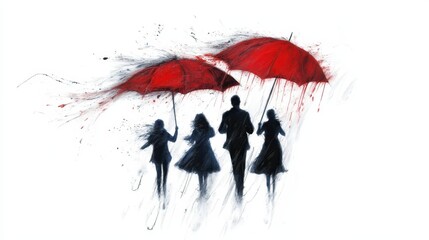 Impressionistic painting of four people under umbrellas in the rain 