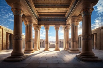Fototapeta premium Sunlit Courtyard of an Egyptian Temple Showcasing Ornate Architecture Beneath a Majestic Sky with Beautiful Columns and a Sense of Tranquility