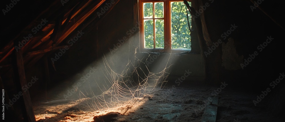 Poster Spiderweb illuminated by soft light in a quiet attic space with natural details