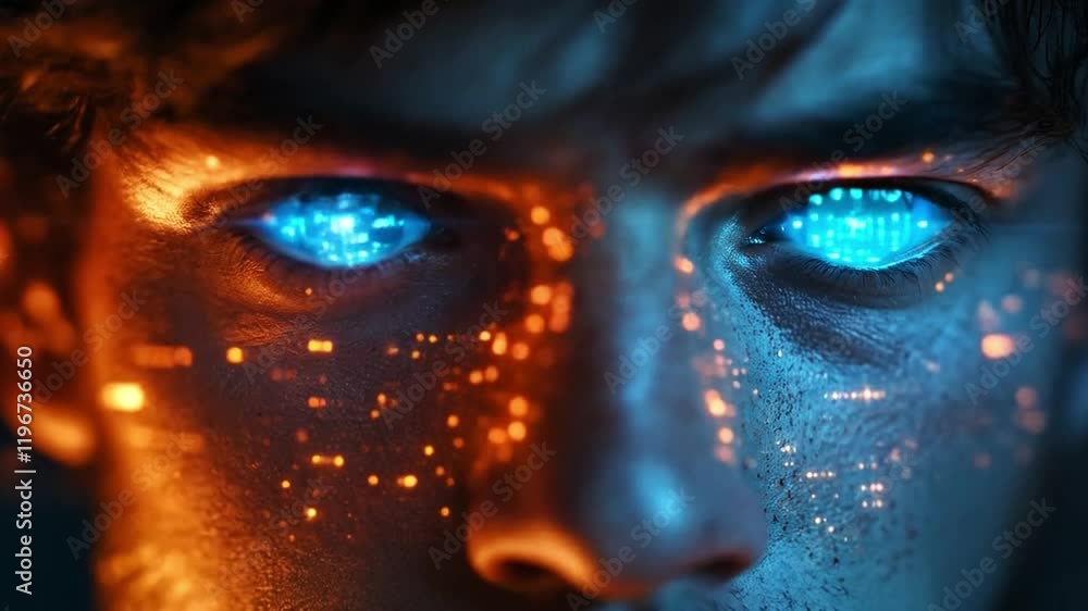 Poster a person stands in a cyber defense setting, with vibrant blue glowing eyes and digital patterns illu