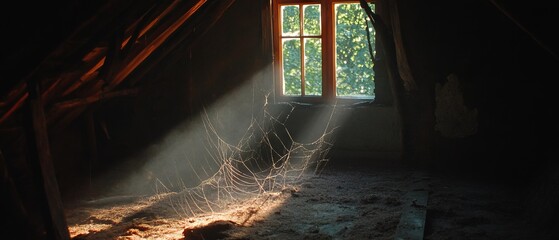 Spiderweb illuminated by soft light in a quiet attic space with natural details