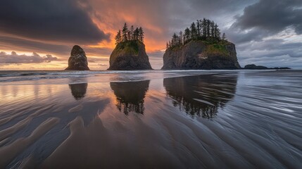 Three sea stacks at sunset, reflecting in wet sand.
