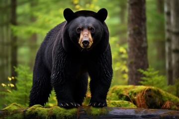 Fototapeta premium Powerful black bear standing on a mossy log in a lush green forest