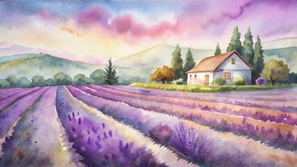Lavender fields with farmhouse in watercolor art