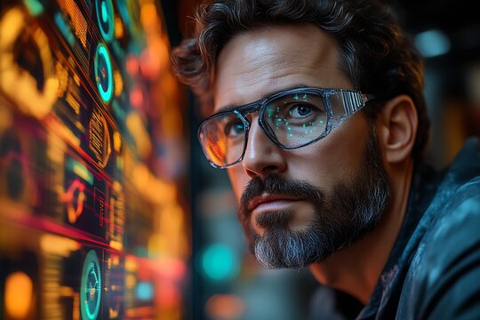 Focused man in futuristic glasses analyzing data on a screen.