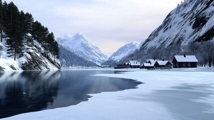Fototapeta premium Serene winter landscape with mountains and a calm lake.