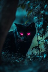 Black cat, glowing eyes, dark foliage, night.