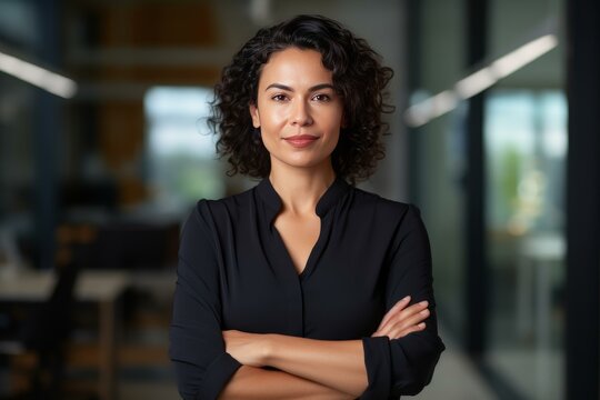 Portrait of a businesswoman standing with arms crossed in a modern office, exuding confidence and professionalism