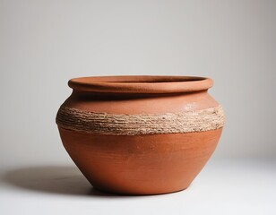 A handmade clay pot showcasing a rustic design with a textured band around its midsection.