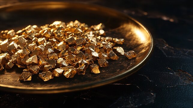 Plate with Gold Nuggets on Black Background 16k Resolution