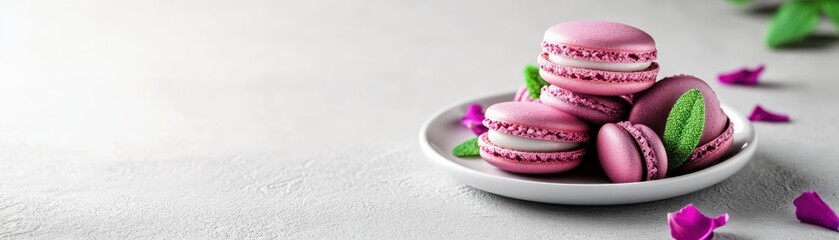 A delicate plate of pink macarons garnished with rose petals and green leaves, showcasing an elegant dessert presentation.