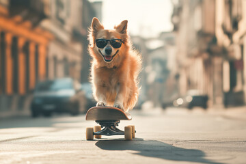 Brown dog with sunglasses riding a skateboard on a city street