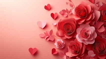 premium valentine artwork, layered paper heart cutouts, ultra-detailed red roses, 3d sculptural elements, soft pink romantic atmosphere, floating decorative hearts, realistic rose stems with leaves,