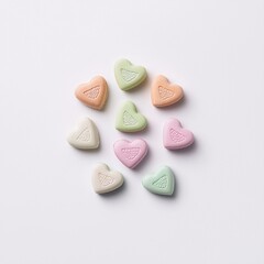 Fototapeta premium Flat lay of assorted Valentine's candy hearts, creative arrangement with gradient pastel shades, isolated on a seamless white background, crisp and modern stock photo vibe