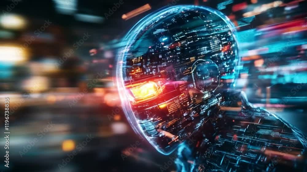 Poster A futuristic representation of technology showcasing a robotic figure with a glowing helmet. The background features a dynamic cityscape, illustrating advanced cyber defense capabilities in action.