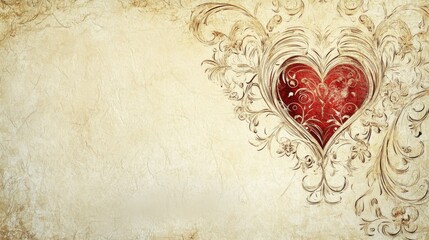 romantic vintage template, sophisticated corner ornaments, flowing heart-integrated border, detailed filigree patterns, aged cream parchment effect, classical decorative elements, elegant cursive