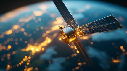 Satellite in Orbit Glowing Over Illuminated Earth View 3D