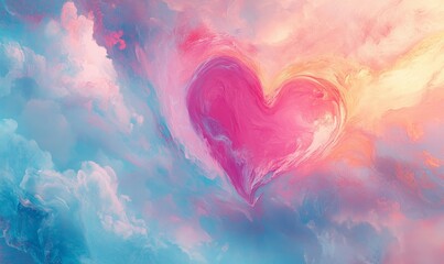 An abstract background with pastel colors, showcasing a pink heart for Valentine's Day amidst clouds, perfect for a romantic wallpaper.