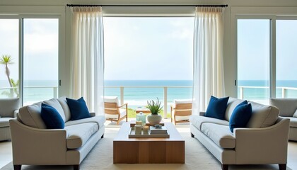 Ocean view living room with beige sofas and sheer curtains. Tranquil coastal living space.