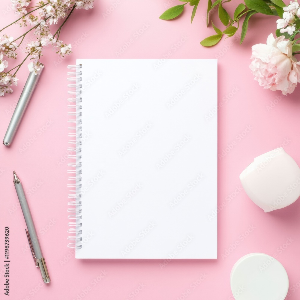Poster blank notebook and stationery on a pink background with floral elements for creative layout and desi