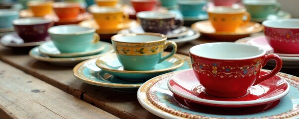 Set of colorful porcelain plates and saucers, close-up view , painted, glaze