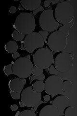 New year black abstract background with flying glossy plastic circles as pattern, top view. 3D illustration rounded texture in modern, luxury, perfect, geometric style for sale, advertising, design.