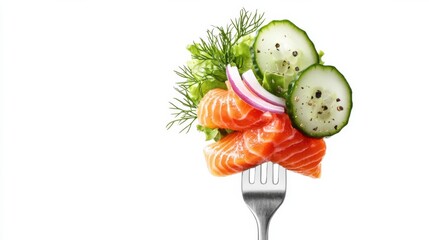 Close-up of fork with food on it: delicious fillet salmon, cucumber, onion, green salad on gray background. Concept of healthy diet and clean eating, balanced nutrition space for text
