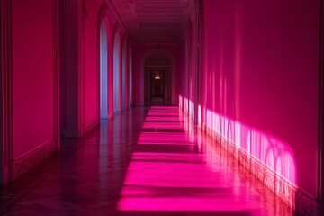 Pink hallway, arched doorways, sunlit floor.