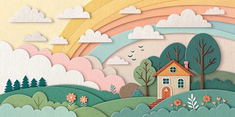 A sunny landscape with trees, clouds, and a rainbow over a green meadow and rolling hills