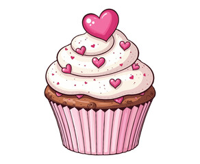 Vector illustration of cupcake for valentine's day.Doodle sketch of brownie with hearts decoration. Colouring book page