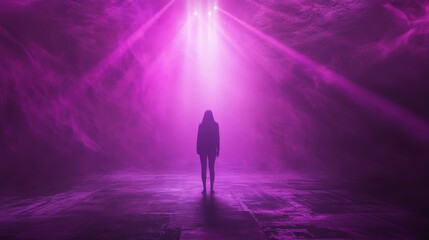 Dramatic spotlight scene, cosmic fog atmosphere, elegant particle system, flowing color transitions from magenta through violet to azure, luminous ray penetration effects, dreamy atmospheric depth,