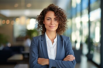 Fototapeta premium Portrait of a successful businesswoman smiling confidently with arms crossed in a modern office environment